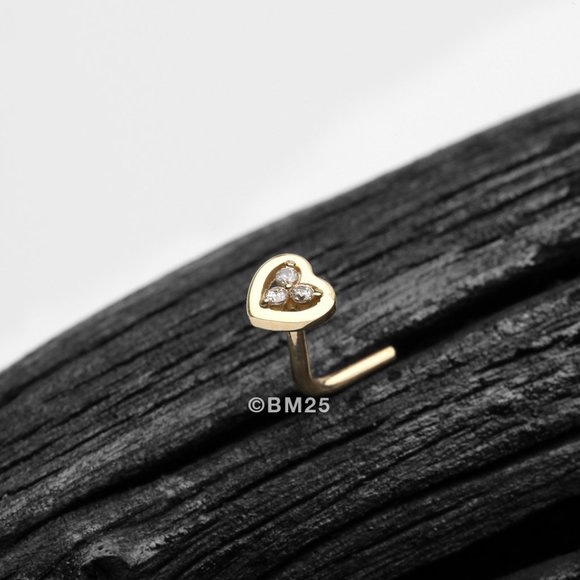 14 Karat Gold Trinity Sparkle Heart L-Shaped Nose Ring - Clear Gem - Picture 1 of 2